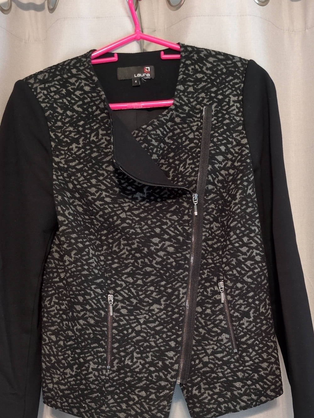 Laura Black and Gray Textured Asymmetrical Zip Blazer